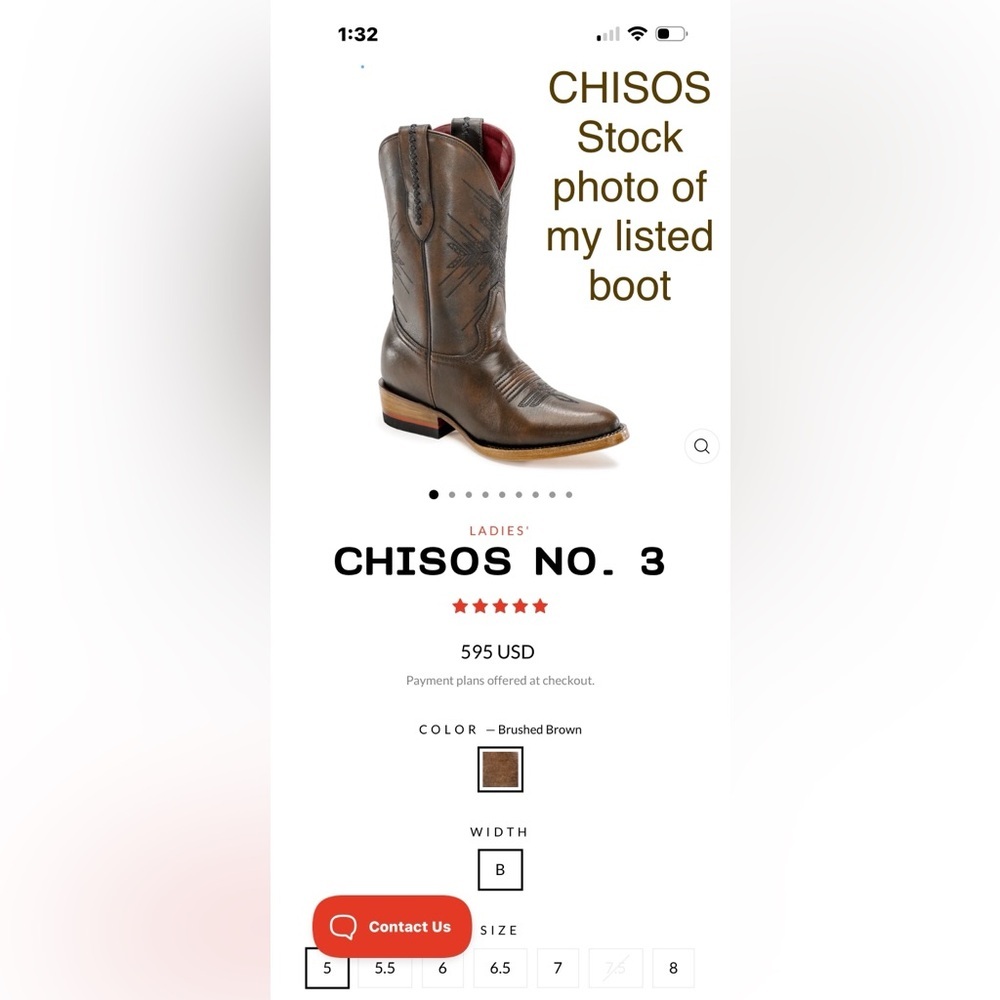 Chisos No. 3 Western Boots Women’s 8 Brushed Brown Leather | Retail $595 - Picture 11 of 12